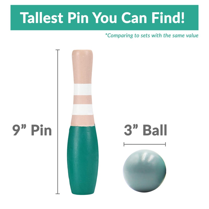 Sterling Sports Wooden Lawn Bowling 9" Skittles Set with Carrying Mesh Bag for Indoors and Outdoors - 10 Wooden Pins and 2 Balls, Green/Turquoise and Gray - Image 2